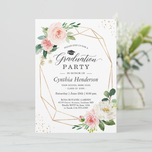 2025年度卒業パーティーガーリー赤面ピンクフローラ 招待状 (スタンド正面)