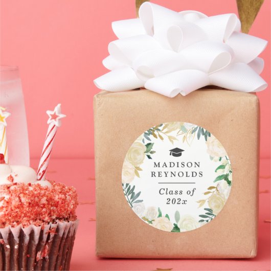 2025年度卒業式 白 緑 金 花 ラウンドシール (パーティー)