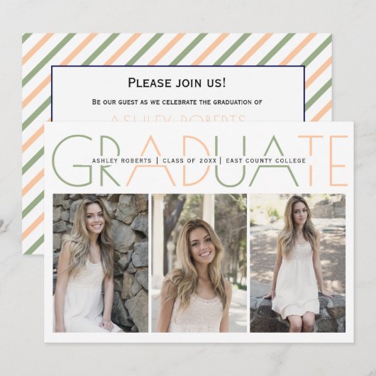 2025年度卒業生のオリーブグリーンとピンクの卒業写真 招待状 (正面/裏面)