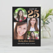 2025年度卒業生向け 黒の卒業おめでとうカード 印刷可能 招待状 (スタンド正面)
