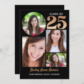 2025年度卒業生向け 黒の卒業おめでとうカード 印刷可能 招待状 (正面/裏面)