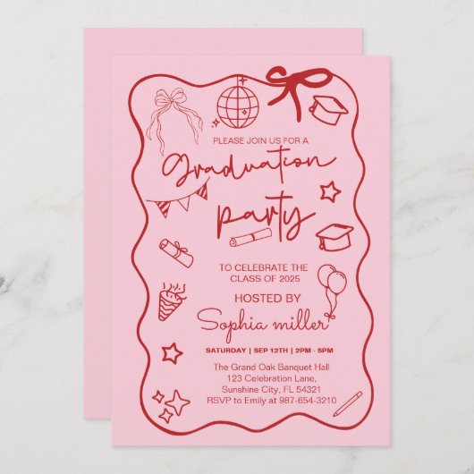 2025年度 卒業パーティー レトロ 招待状 ファンシー (正面/裏面)