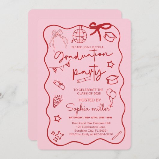 2025年度 卒業パーティー レトロ 招待状 ファンシー (正面/裏面)