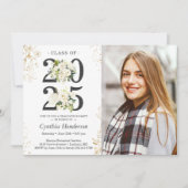 2025年度 卒業写真 グリーン ホワイト フローラル 卒業 招待状 (正面)