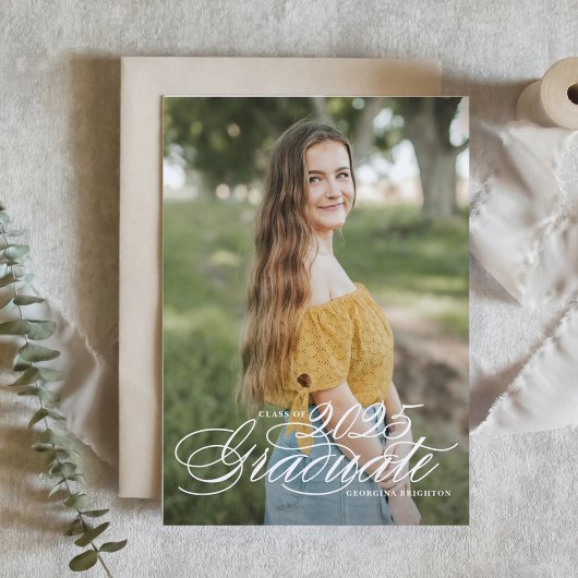 2025年度 白エレガント スクリプト クラス 卒業式 招待状