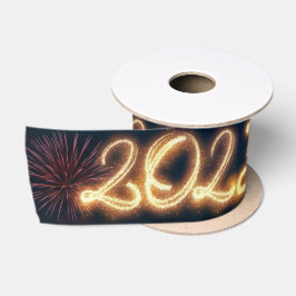 2025年新年おめでとう花火きらめく サテンリボン