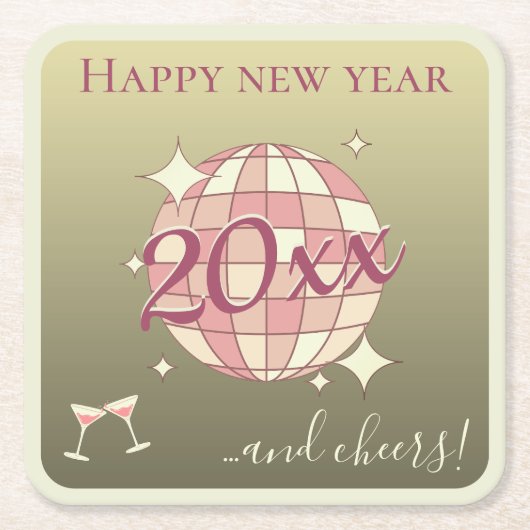 2025年新年おめでとう ピンクゴールドパーティー スクエアペーパーコースター (正面)