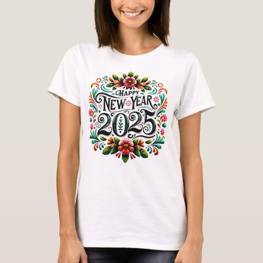 「2025年新年おめでとう」メキシコカラフルフィエスタ Tシャツ (正面)