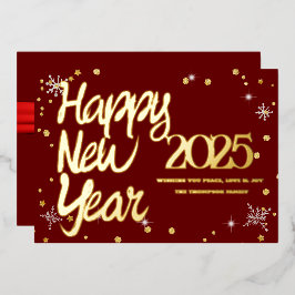 2025年新年おめでとう リトロ赤いリボン 箔シーズンカード