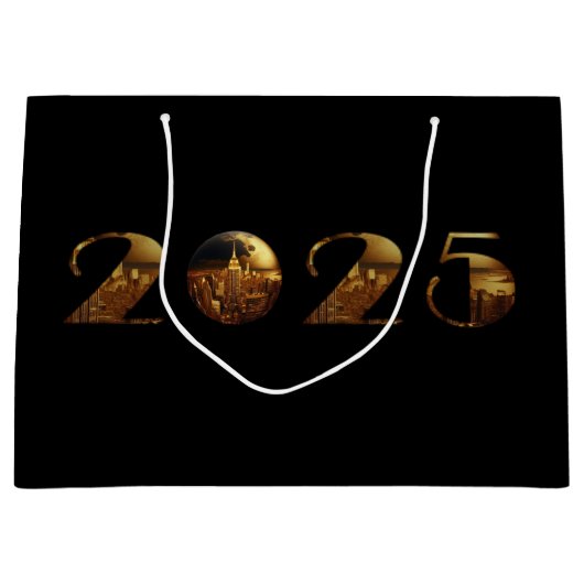 2025年新年の舞踏会 – NYC金ゴールド- ラージペーパーバッグ (正面)