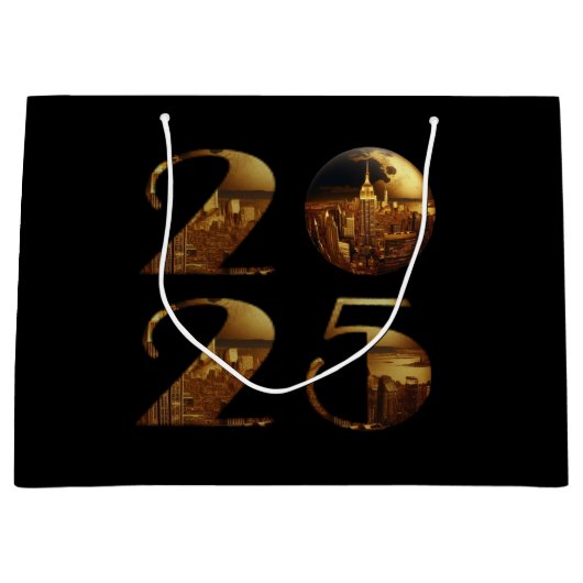 2025年新年の舞踏会 – NYC金ゴールド- ラージペーパーバッグ (正面)