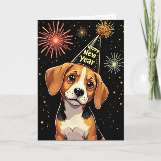 2025年新年カウントダウン花火ビーグル犬おもしろ カード (正面)