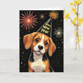 2025年新年カウントダウン花火ビーグル犬おもしろ カード (黄色い花)
