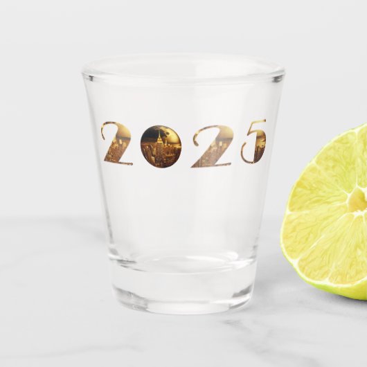2025年新年パーティーボール – ニューヨーク金ゴールド- ショットグラス (正面)