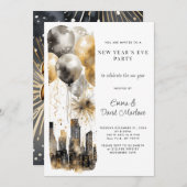 2025年新年パーティー ゴールドグリッターバルーン 都市 招待状 (正面/裏面)