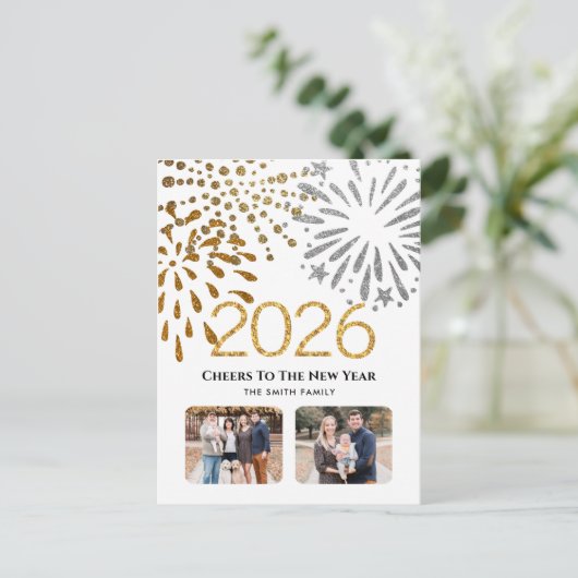 2025年新年フェスティバル花火金ゴールド家族写真 シーズンポストカード (スタンド正面)