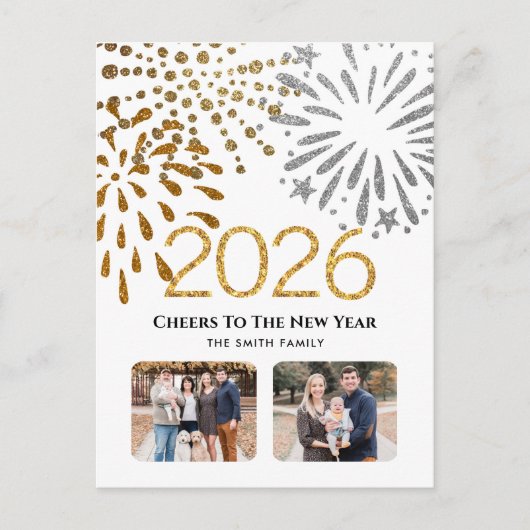 2025年新年フェスティバル花火金ゴールド家族写真 シーズンポストカード (正面)