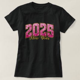 2025年新年 | ピンクのスパンコール新年パーティーTシャツ Tシャツ