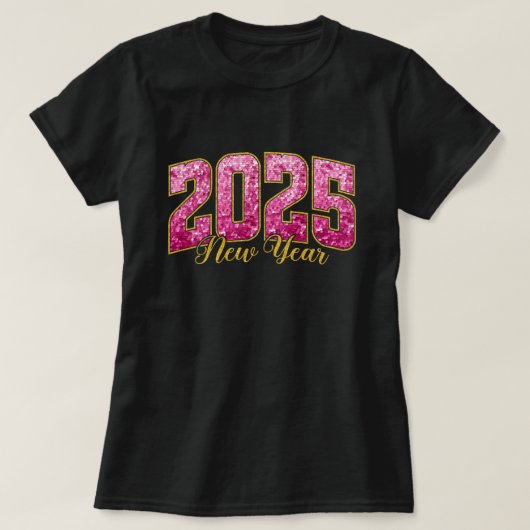 2025年新年 | ピンクのスパンコール新年パーティーTシャツ Tシャツ (デザイン正面)