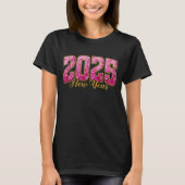 2025年新年 | ピンクのスパンコール新年パーティーTシャツ Tシャツ (正面)
