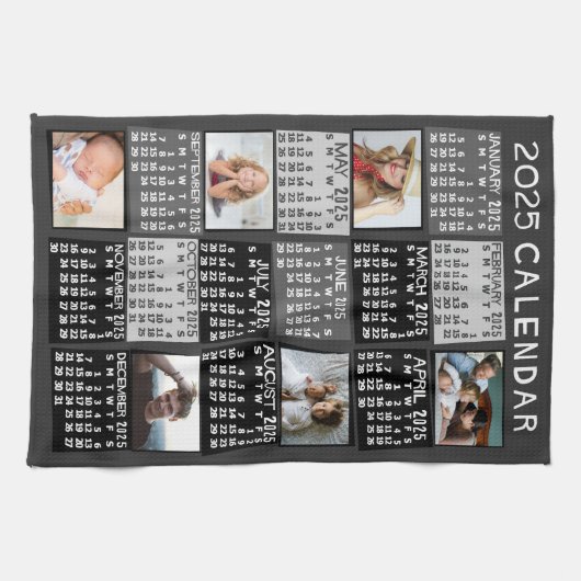 2025年月次カレンダー写真コラージュ黒モダン色 キッチンタオル (横)