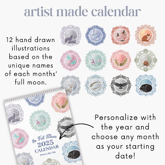 2025年満月の名作図解入りの、写真付きのカレンダー カレンダー
