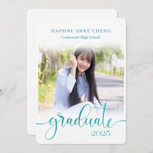 2025年青い葉フェイクの写真のクラスモダン 招待状 (正面/裏面)