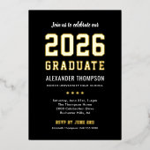 2025年黒モダン金ゴールド卒業パーティー 箔招待状 (正面)