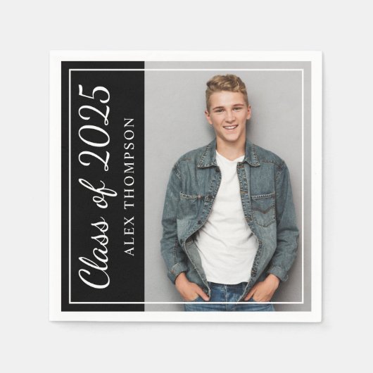 2025年黒卒業パーティー写真のクラス スタンダードカクテルナプキン (正面)