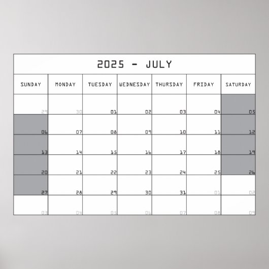 2025年7月プランナーカレンダー大きなメモスペース付き ポスター (正面)