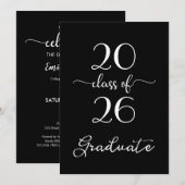 「2025年 クラスのためのおしゃれな卒業パーティー ブラックとホワイト」 招待状 (正面/裏面)