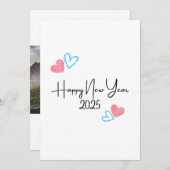 2025年 ハッピーニューイヤー 赤と青のハートのホリデーカード シーズンカード (正面/裏面)