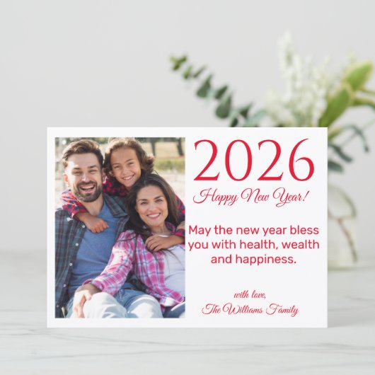 2025年happy new year, red script, holiday photo ノートカード (スタンド正面)