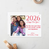 2025年happy new year, red script, holiday photo ノートカード (正面/裏面インサイチュ)