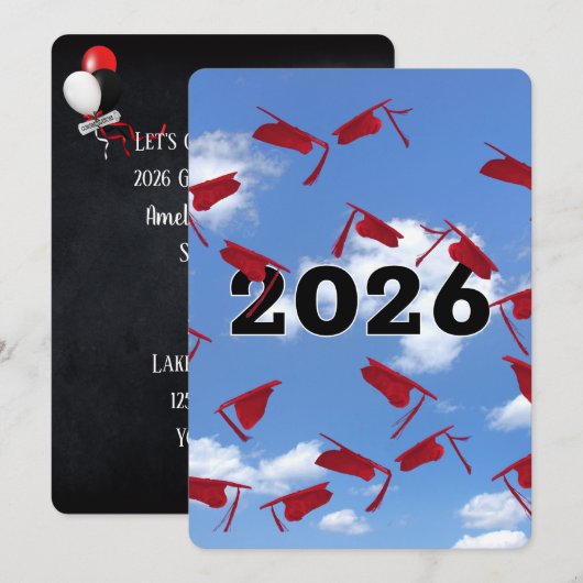 2025年Red Graduation Hats in Sky 招待状 (正面/裏面)