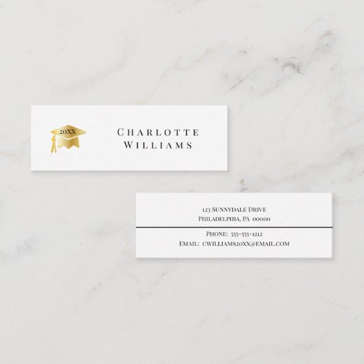 2025白色 | 金ゴールドグラッドキャップ卒業式インサートカード スキニー名刺 (正面/裏面)