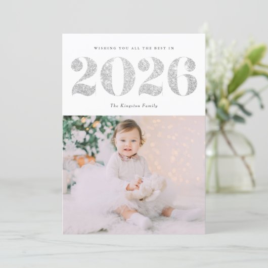 2025銀フェイクグリッターハッピーニューイヤー写真 シーズンカード (スタンド正面)