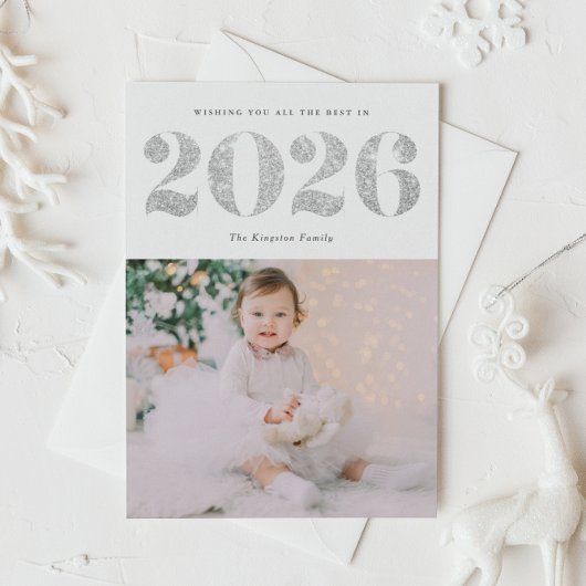 2025銀フェイクグリッターハッピーニューイヤー写真 シーズンカード