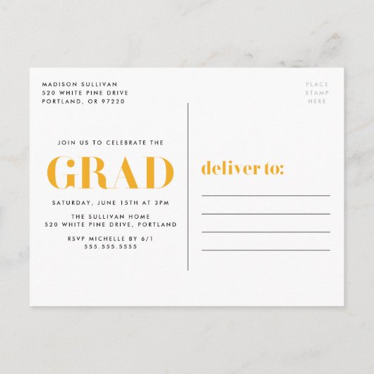 2025黄はっきりしたレタリング写真卒業パーティー インビテーションポストカード (裏面)