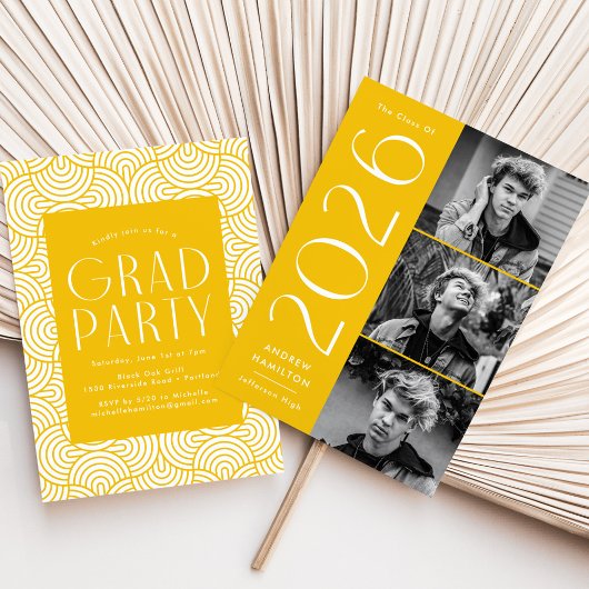 2025黄モダン3写真卒業パーティー 招待状