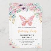 2025 ピンクのグリッター蝶の誕生日招待状 招待状 (正面/裏面)