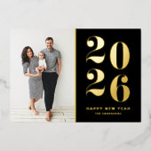 2025 モダンタイポグラフィはっきりしたブラックハッピーニューイヤー 箔シーズンカード (正面)
