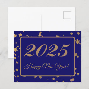 2025,新年おめでとう!金ゴールド星と海軍の背景 ポストカード
