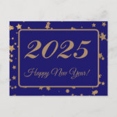 2025,新年おめでとう!金ゴールド星と海軍の背景 ポストカード (正面)