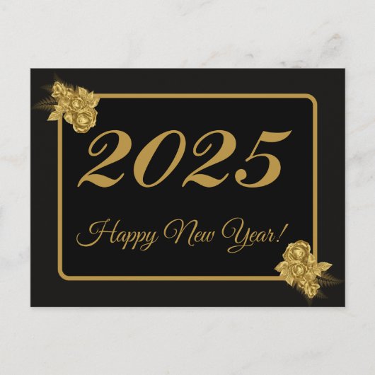 2025，新年おめでとう！金ゴールド花と黒の背景 ポストカード (正面)