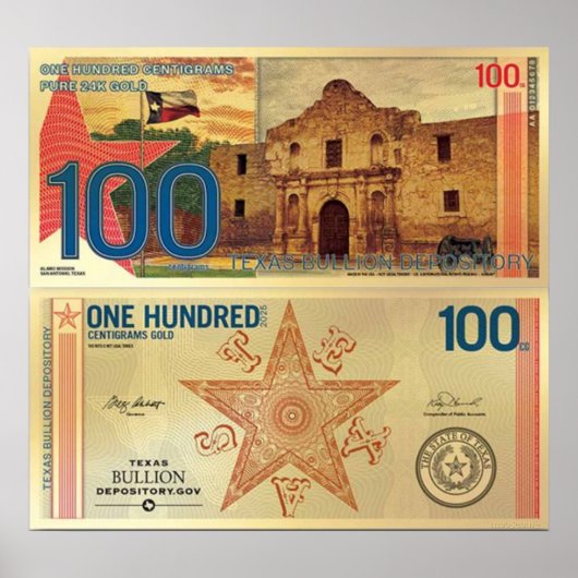2025 100 Centigram Gold Aurum Texas The Alamo ポスター (正面)