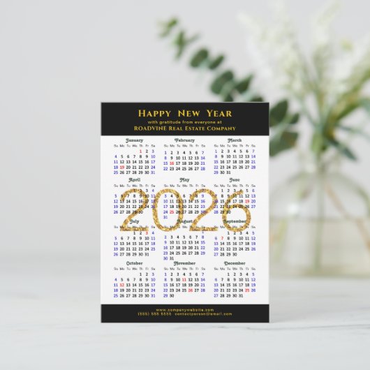 2025 Business Calendar黒モダン金ゴールドグリッター シーズンポストカード (スタンド正面)