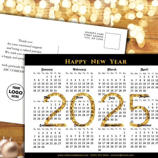 2025 Business Calendar黒モダン金ゴールドグリッター シーズンポストカード