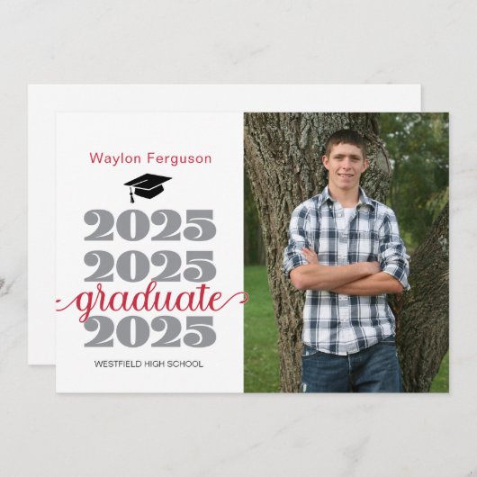 2025 Christian Black Red Photo卒業 案内状 (正面/裏面)