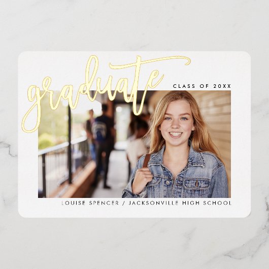 2025 GRAD写真書道モダンオーバーレイ金ゴールド 箔招待状 (正面)